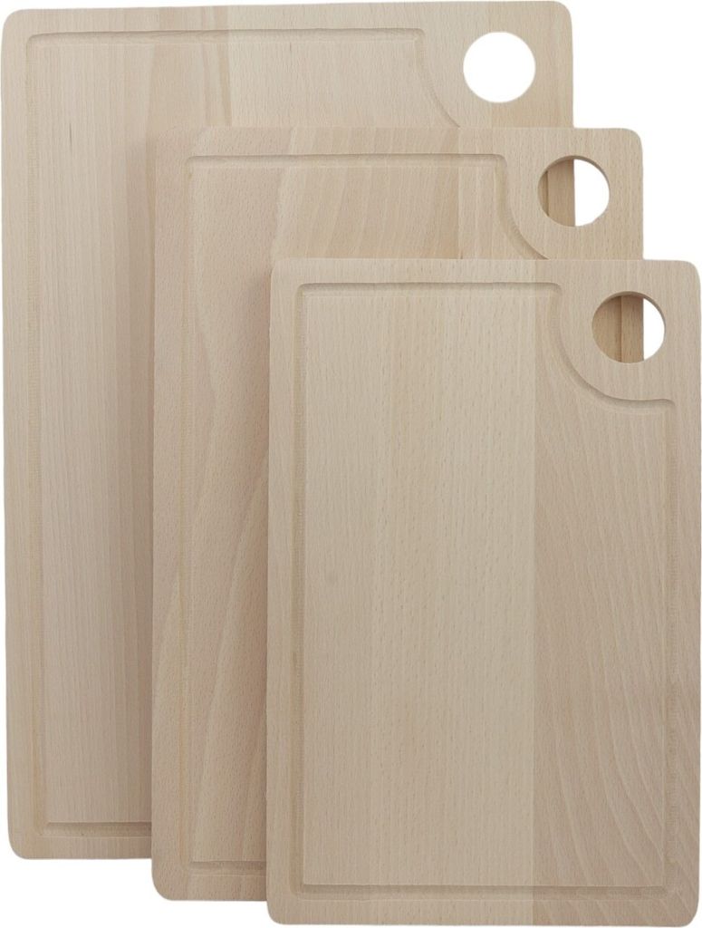 Set aus 3 rechteckigen Schneidebrettern mit abgerundeten Ecken und Griffloch