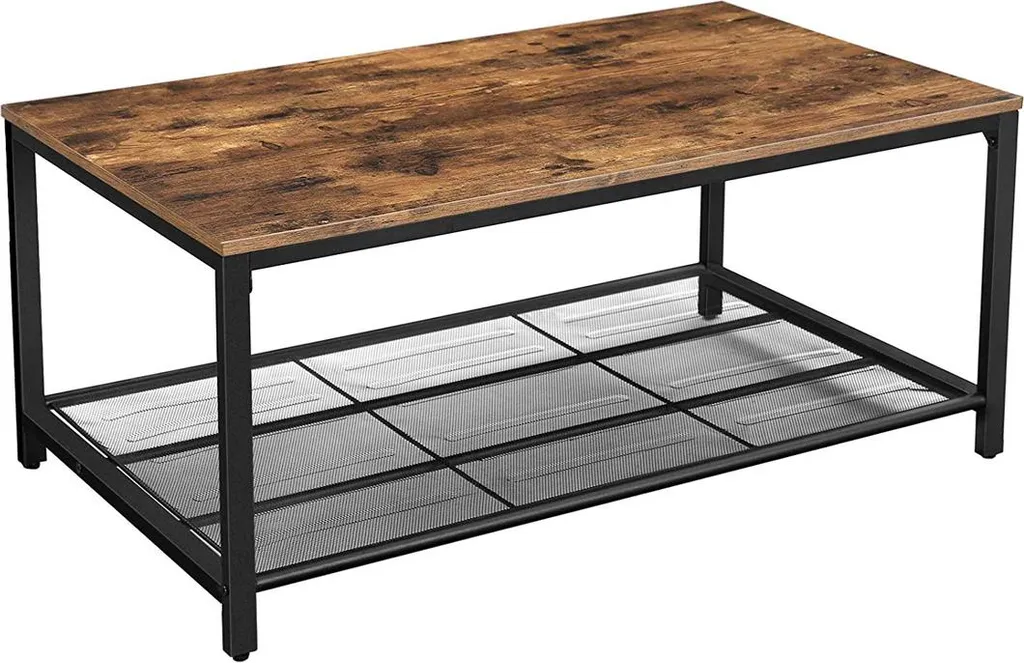 Table basse avec étagère grillagée style industriel bois et métal noir