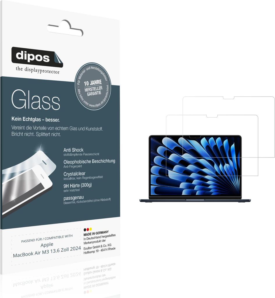 2x Schutzfolie für Apple MacBook Air M3 13.6 Zoll 2024 - Anti-Shock 9H Folie dipos Glass Kunststoffglas