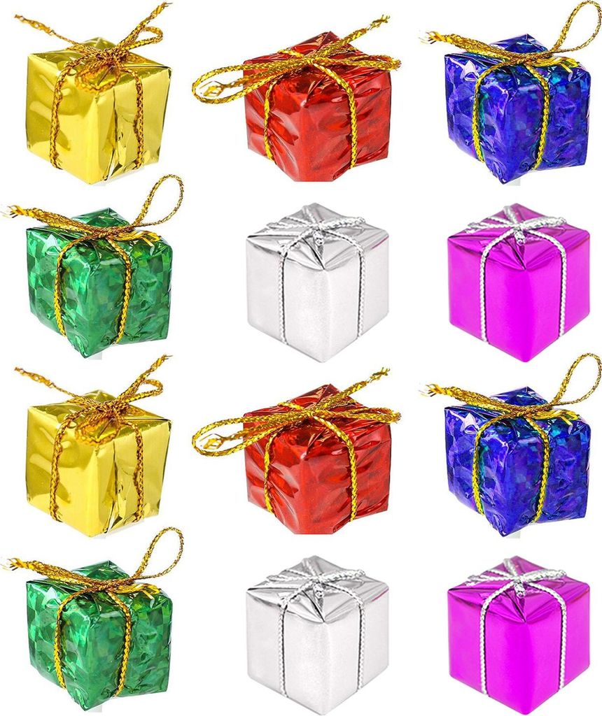 12 Stück glänzende Mini-Weihnachtsboxen, Ornamente, Miniatur-Geschenkboxen zum Aufhängen, Dekorationen für Weihnachten, Geburtstag, Hochzeit, F...