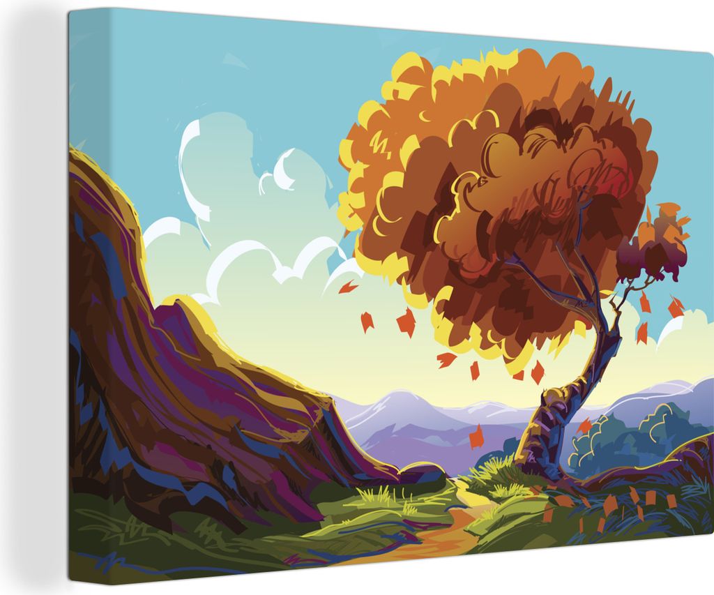 OneMillionCanvasses - Leinwandbilder - 140x90 cm, Eine Illustration eines großen Baumes mit einem bunten Hintergrund, Wandbilder Kunstdruck Wand...