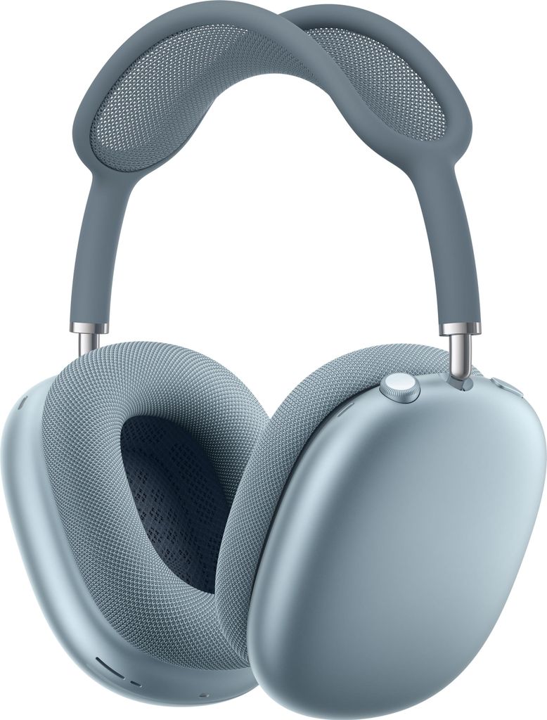 A pair of blue AirPods Max headphones shown from a front-facing angle against a white background.