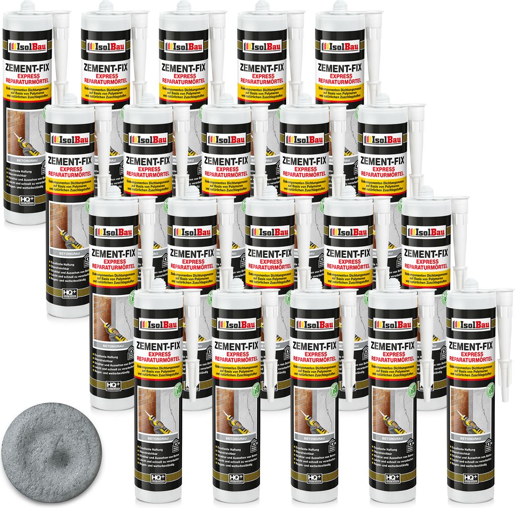 Isolbau Zement-Fix 20 x 300 ml Betongrau Express Reperaturmörtel - Dichtungsmasse für Fugen & Risse im Innen- & Außenbereich, Kartusche