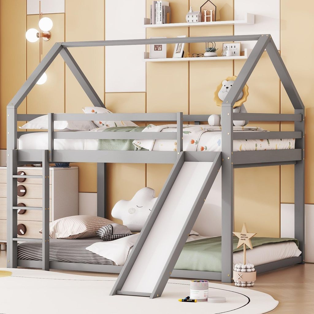 Merax Etagenbett 140x200 cm, Kinderbett mit Rutsche und Leiter, Jugendbett, Stockbett für Kinderzimmer, Massivholzbett, Grau