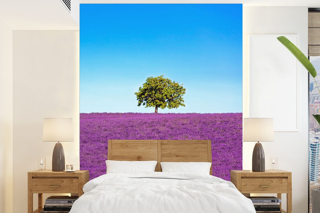 MuchoWow Fototapete für Wohnzimmer oder Schlafzimmer Wandtapete Vinyl Motivtapete Baum - Lila - Himmel - Lavendel - 160x220 cm - Bildschirmhinte...