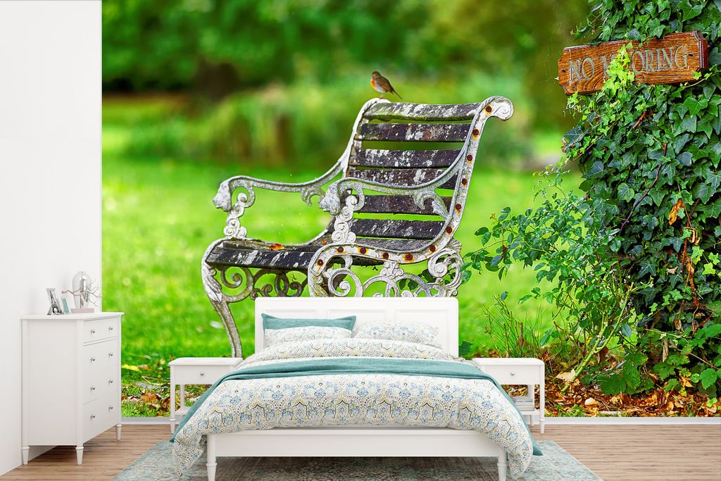 MuchoWow Fototapete für Wohnzimmer oder Schlafzimmer Wandtapete Vinyl Motivtapete Rotkehlchen - Bank - Natur - 330x220 cm - Fototapeten