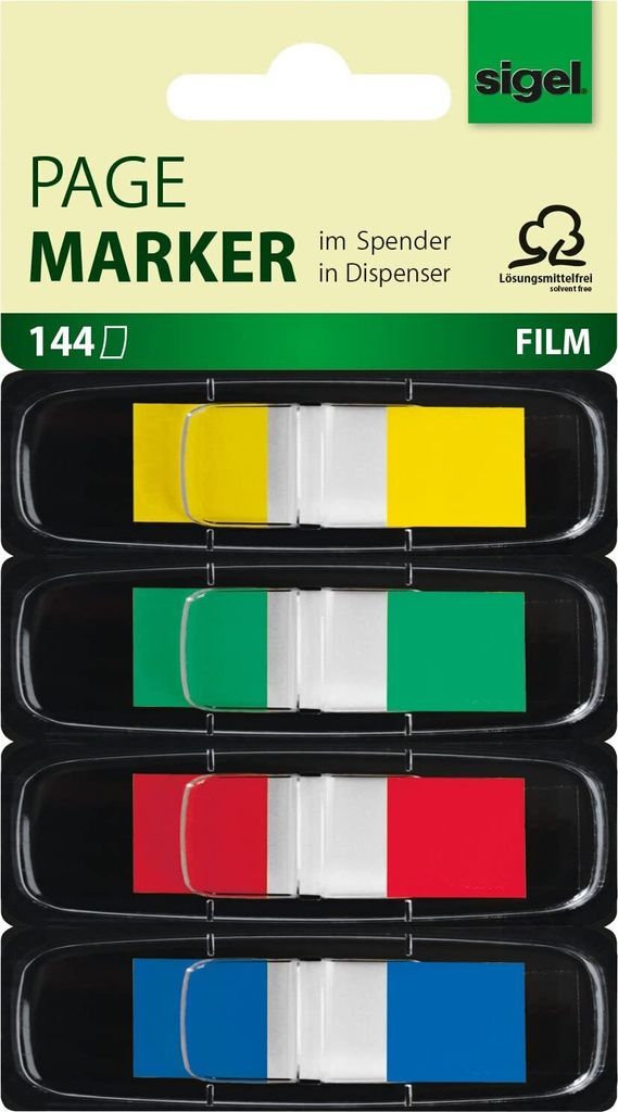 SIGEL HN495 Haftmarker / Z-Marker, Folie, Color-Tip, gelb, grün, rot, blau, 43x12 mm, 144 Streifen