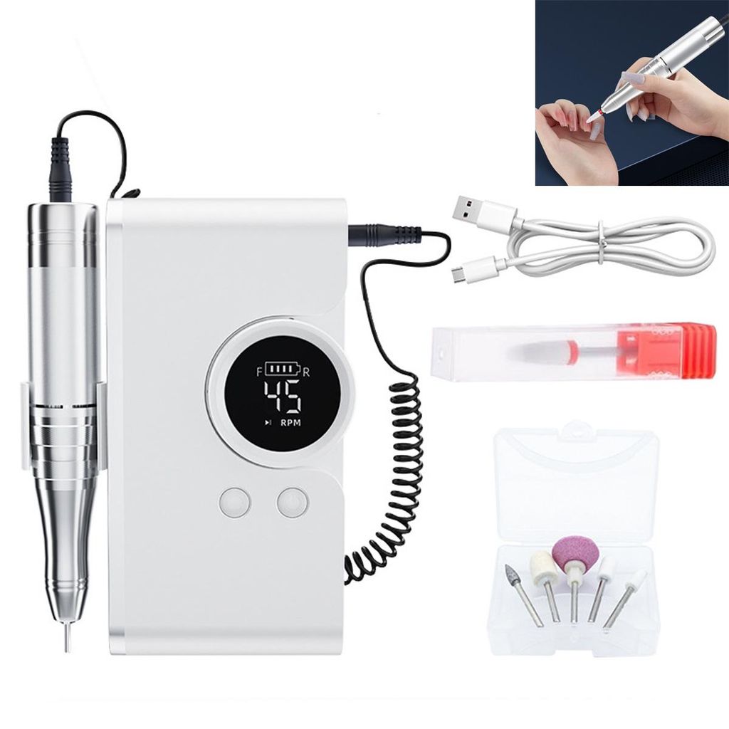 45000RPM Tragbarer Nagelfräser – Kabelloser Nagelpolierer, 45-stufige Drehzahl, wiederaufladbar, mit wechselbaren Schleifköpfen, Powerbank