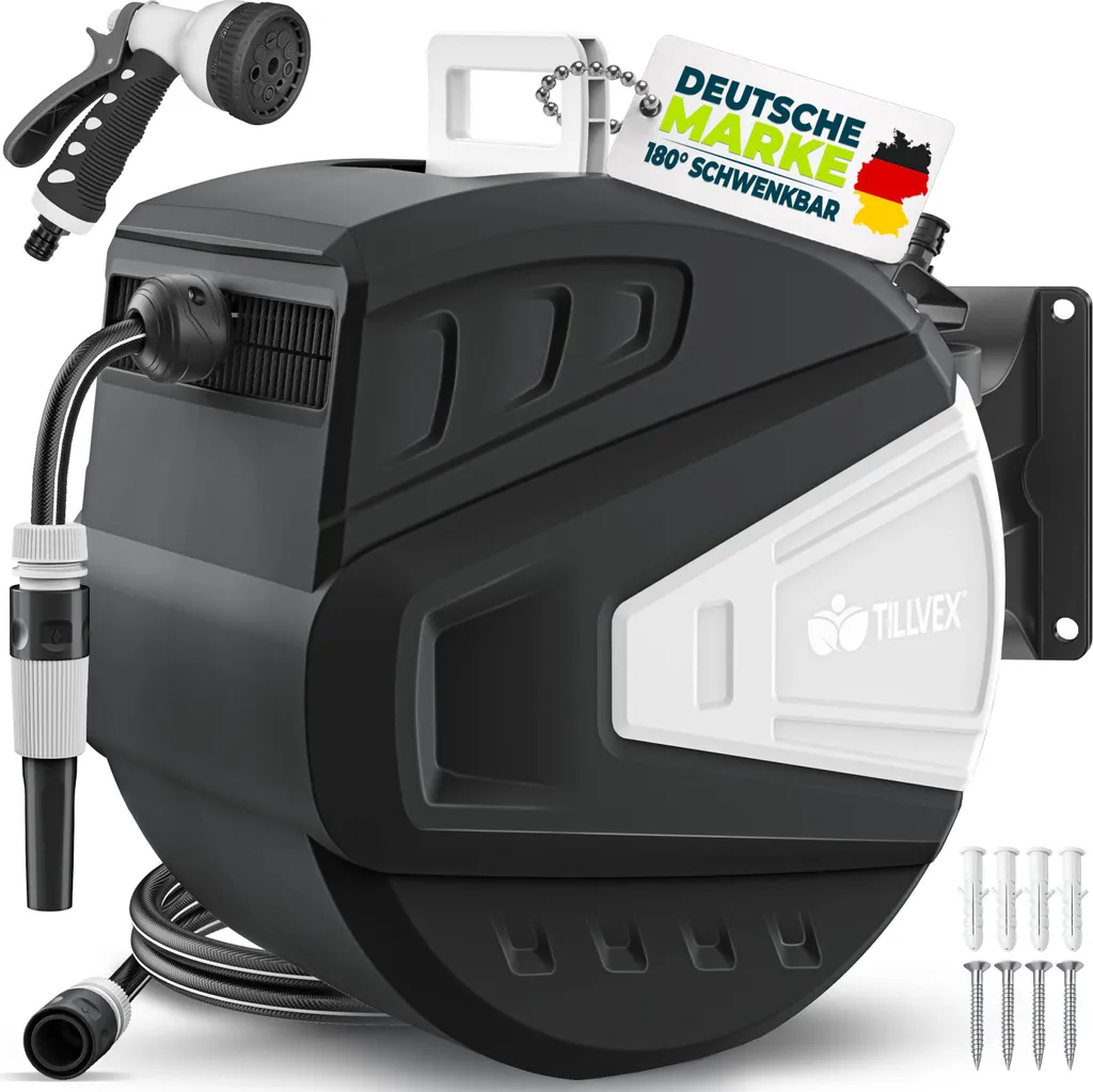 Tuyau d'arrosage rétractable 30m noir pour jardin et terrasse avec mur