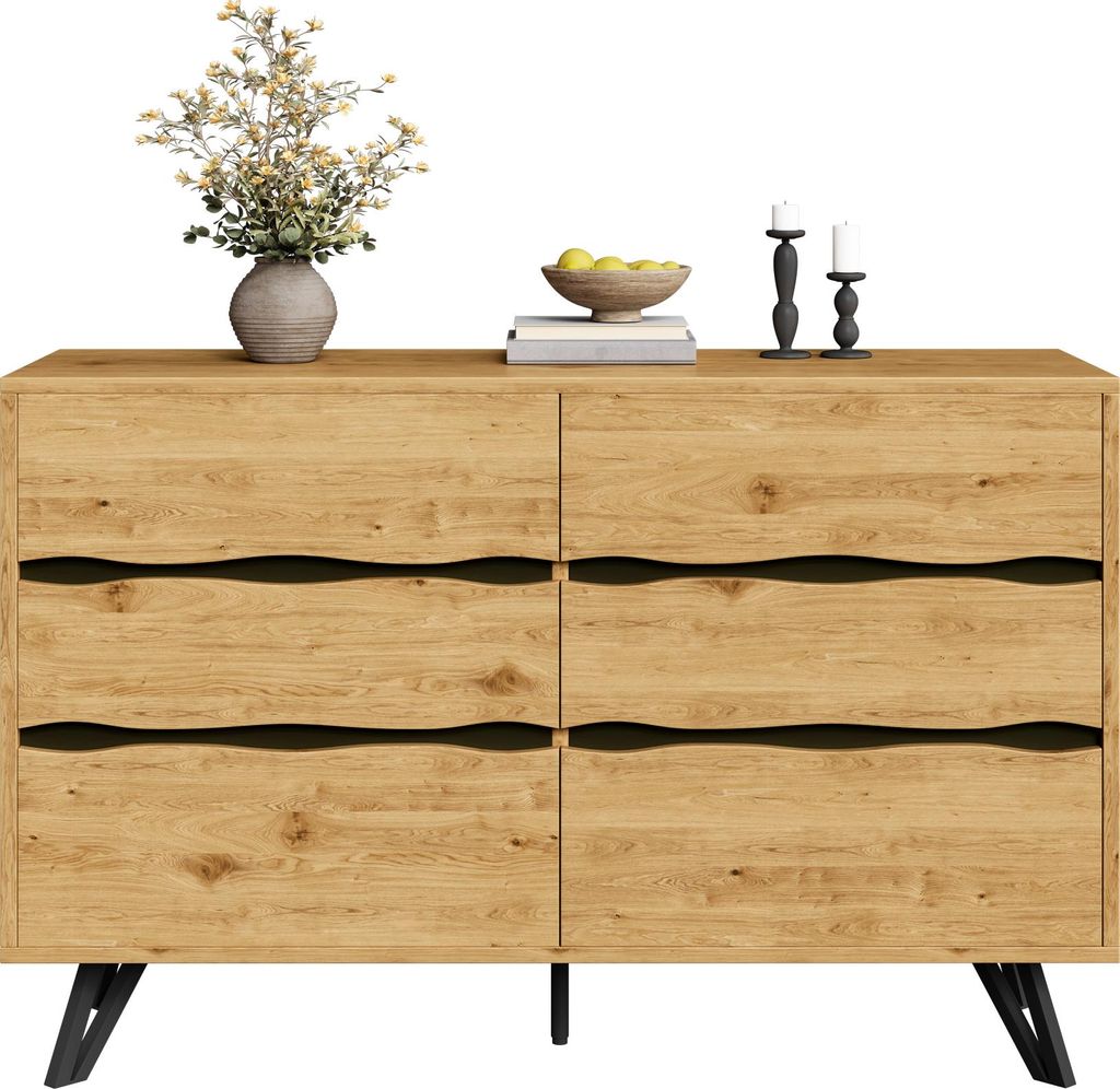 Fortuna Lai Moderner Sideboard-Schrank mit 6 Schubladen – Holzoptik, Metallfüße, Viel Stauraum, Minimalistisches Design, Für Wohnzimmer & Essz...