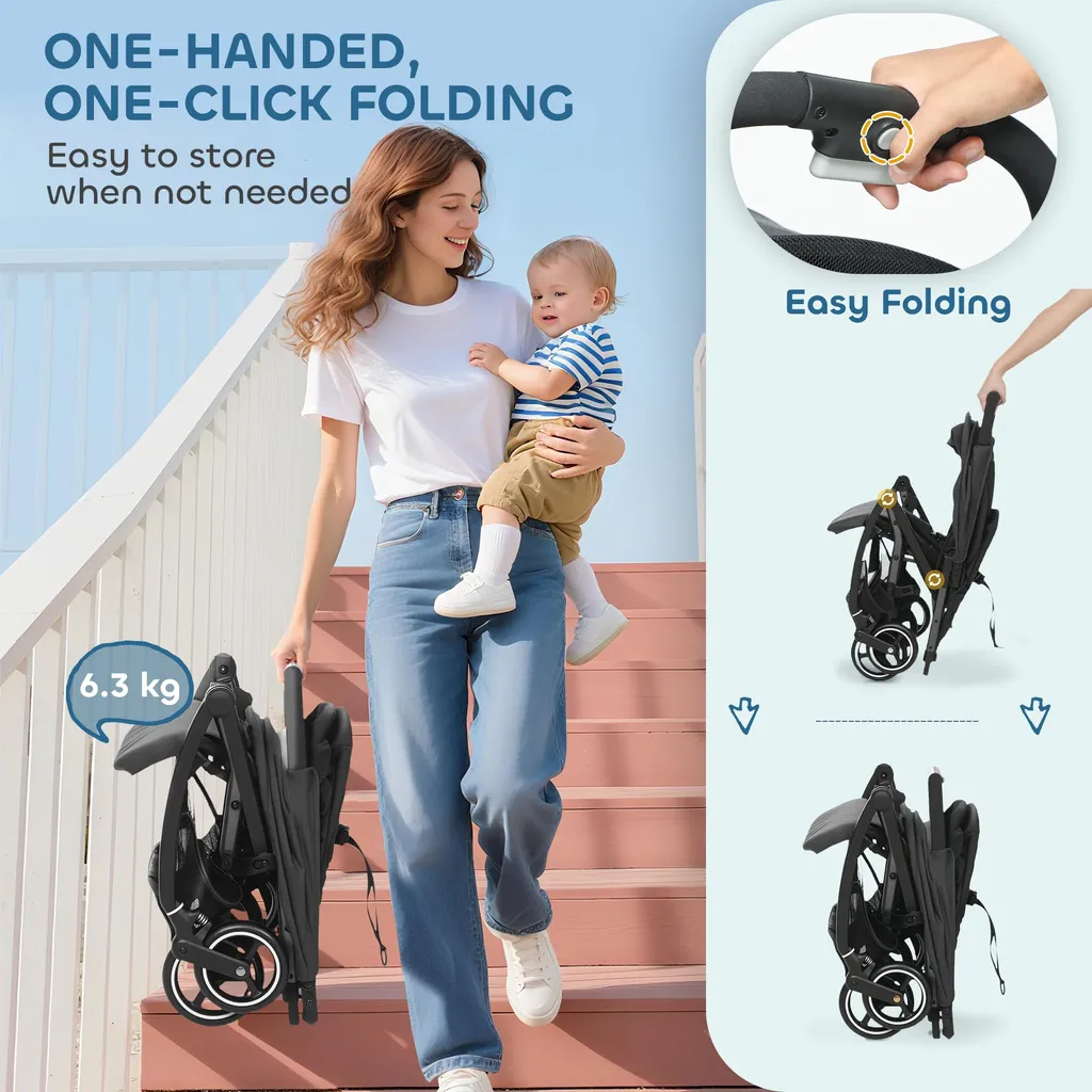 Poussette pliable grise avec harnais de sécurité à 5 points ajustable - 5