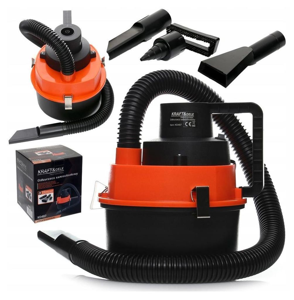 A car vacuum cleaner and its accessories are displayed against a white background.