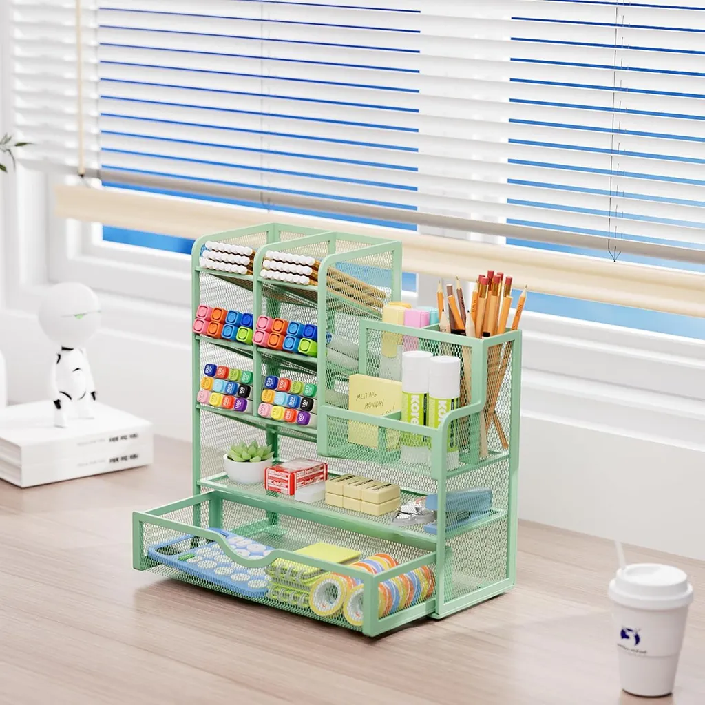 Organiseur de bureau pour télétravail vert avec porte-stylo métal