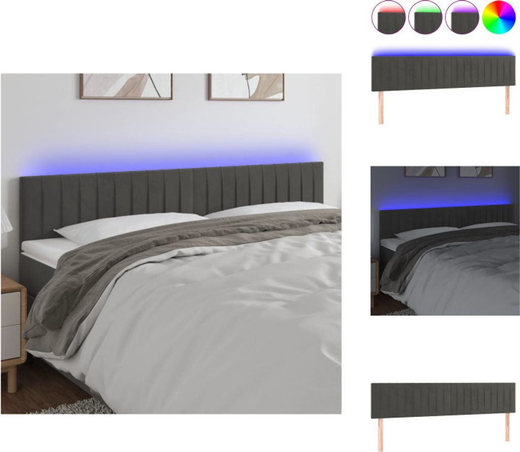 vidaXL LED Kopfteil Dunkelgrau 180x5x78/88 cm Samt - Kopf- & Fußenden