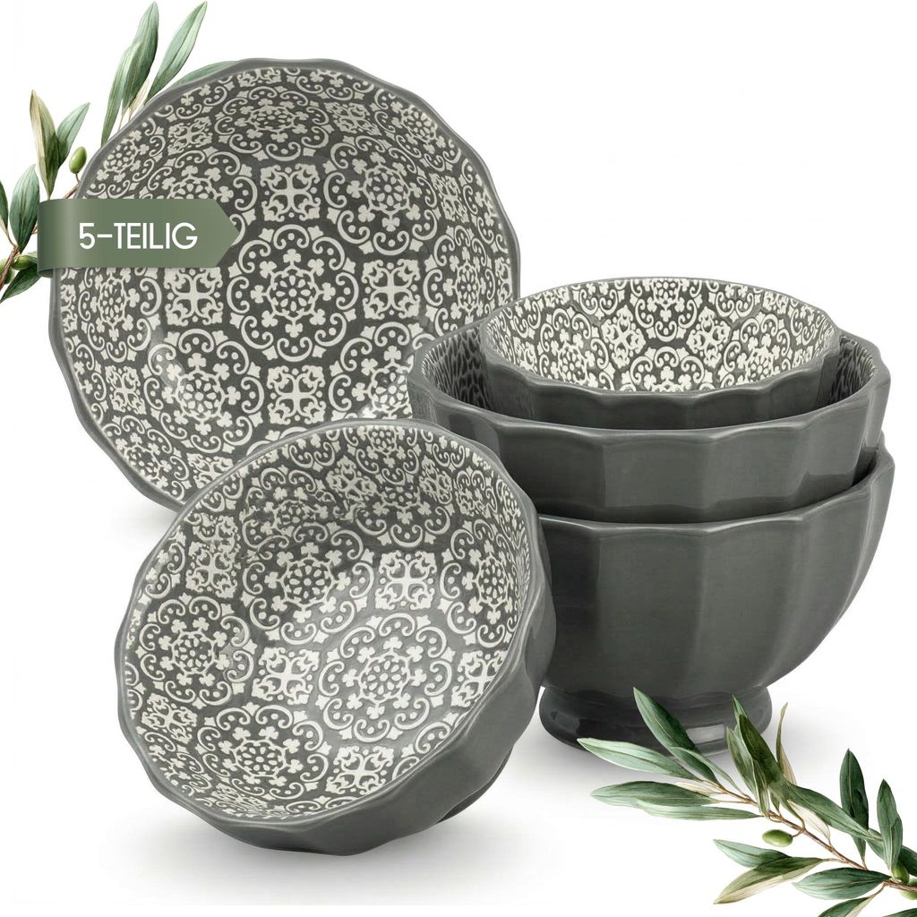 Porzellan Schüssel 5 Stück, Grau Dekoschalen mit Boho Muster