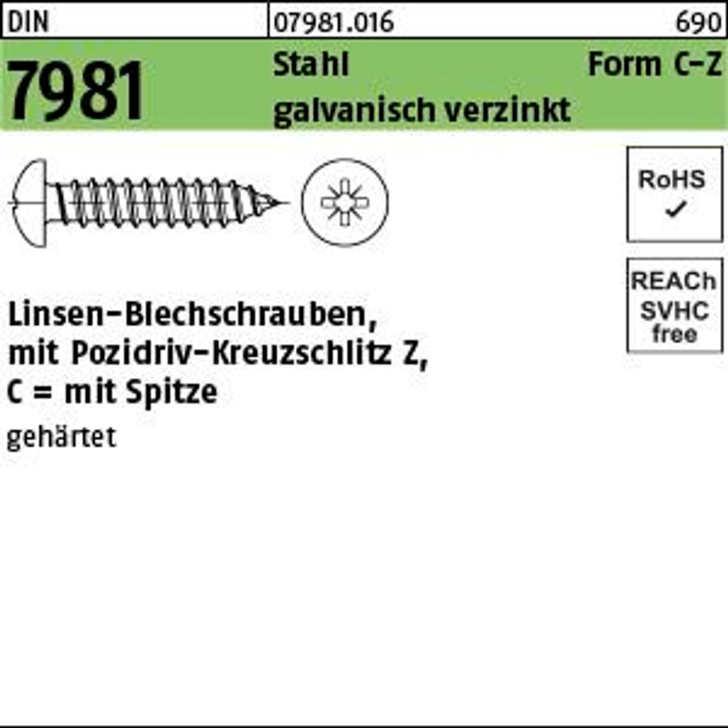 Reyher DIN 7981 Stahl 4,2x16 -C-Z galv. verzinkt passiviert gal Zn S
