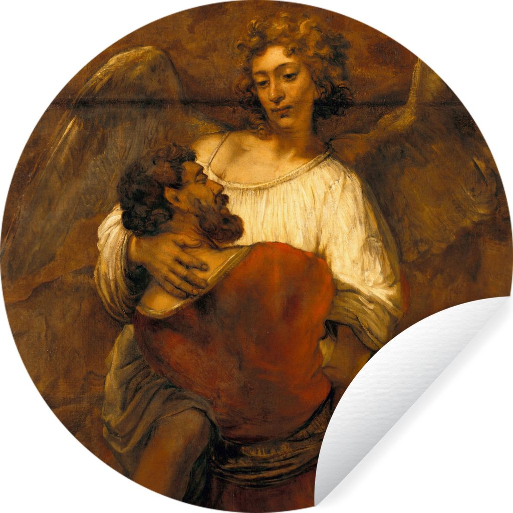 MuchoWow Runde Wandtattoo - Wandsticker Tapete Aufkleber Jakob im Ringkampf mit einem Engel - Gemälde von Rembrandt van Rijn Ø 50 cm Selbstkleb...