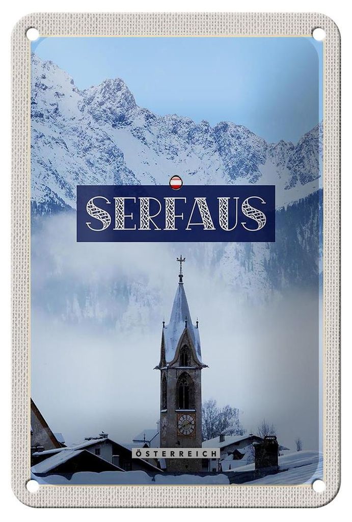 Blechschild Reise 12x18cm Serfaus Schnee Berge Kirche Winter Schild