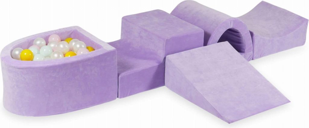 Schaumstoffspielplatz mit Brücke und Pool Micro Velvet Soft Purple + 100 Bälle: Perlmutt, Hellrosa, Gelb, Hellmint