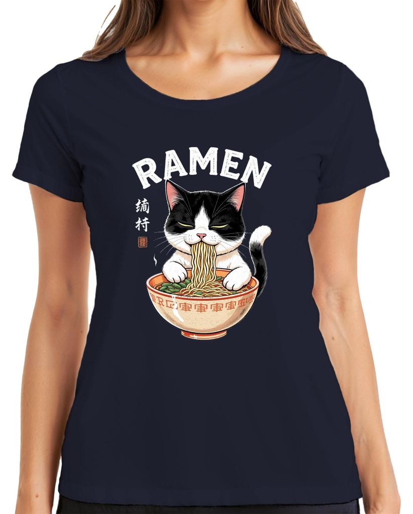 Ramen Katze Nudeln Essen Japanisch Lustig Geschenk Vintage Damen T-Shirt, Navy, L