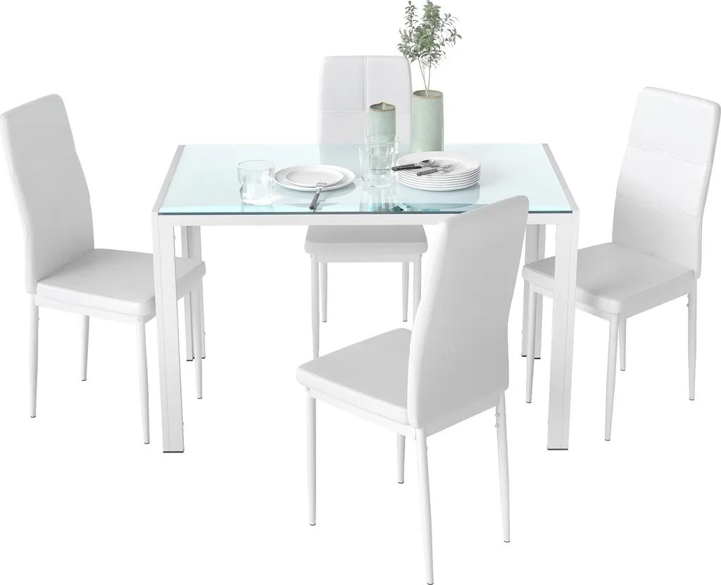 Ensemble Repas Design 4 Chaises et Table en Verre Trempé Blanc Série Loft