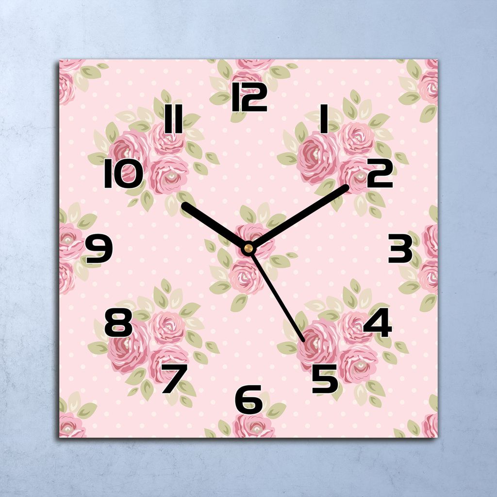 Wanduhr Echt-Glas-Küchenuhr Rosa Rosen grün Quarz Lautlos Produktbild 