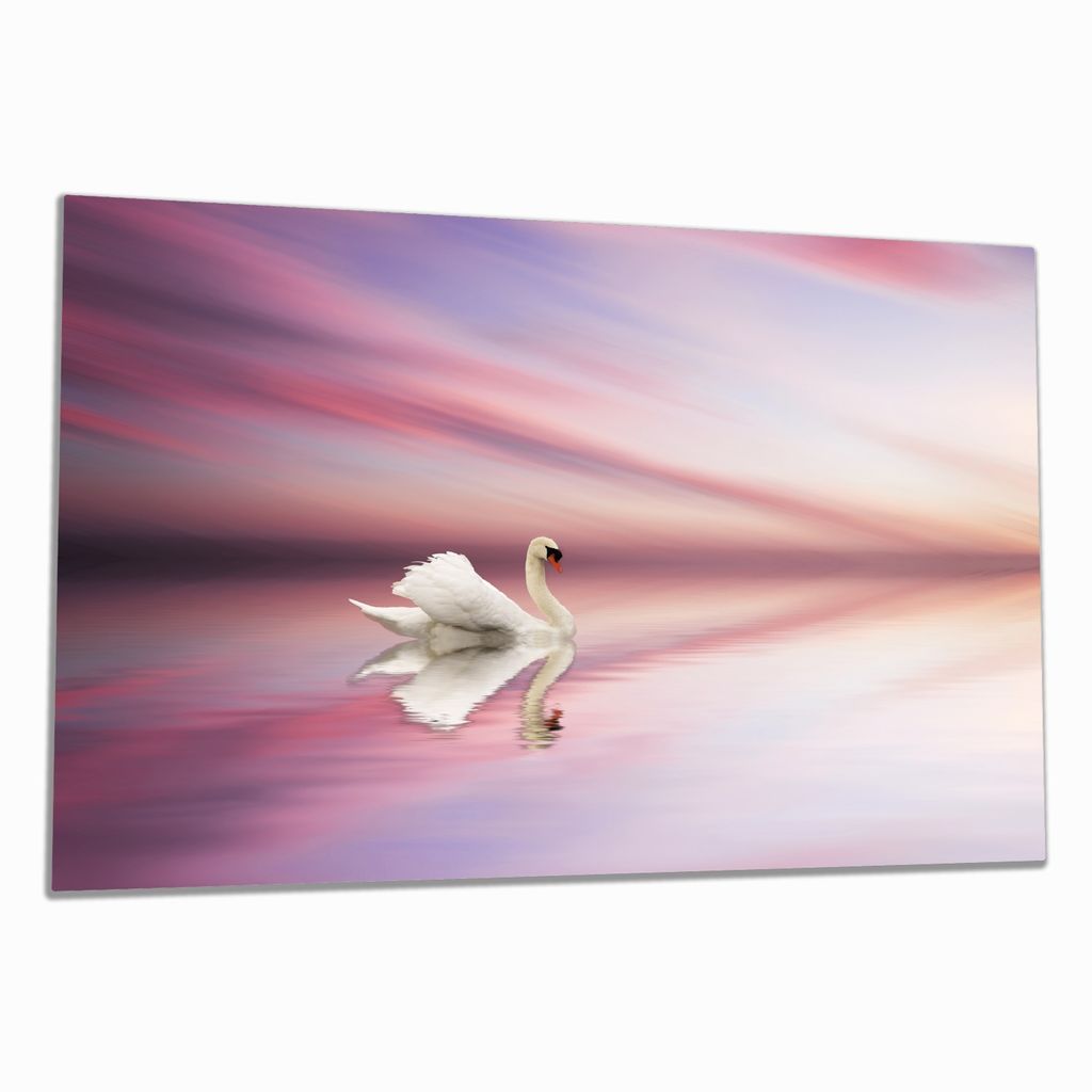 Wallario Herdabdeckplatte aus Glas, Größe 80 x 52 cm 1-teilig, Motiv Weißer Schwan im rosafarbenen See