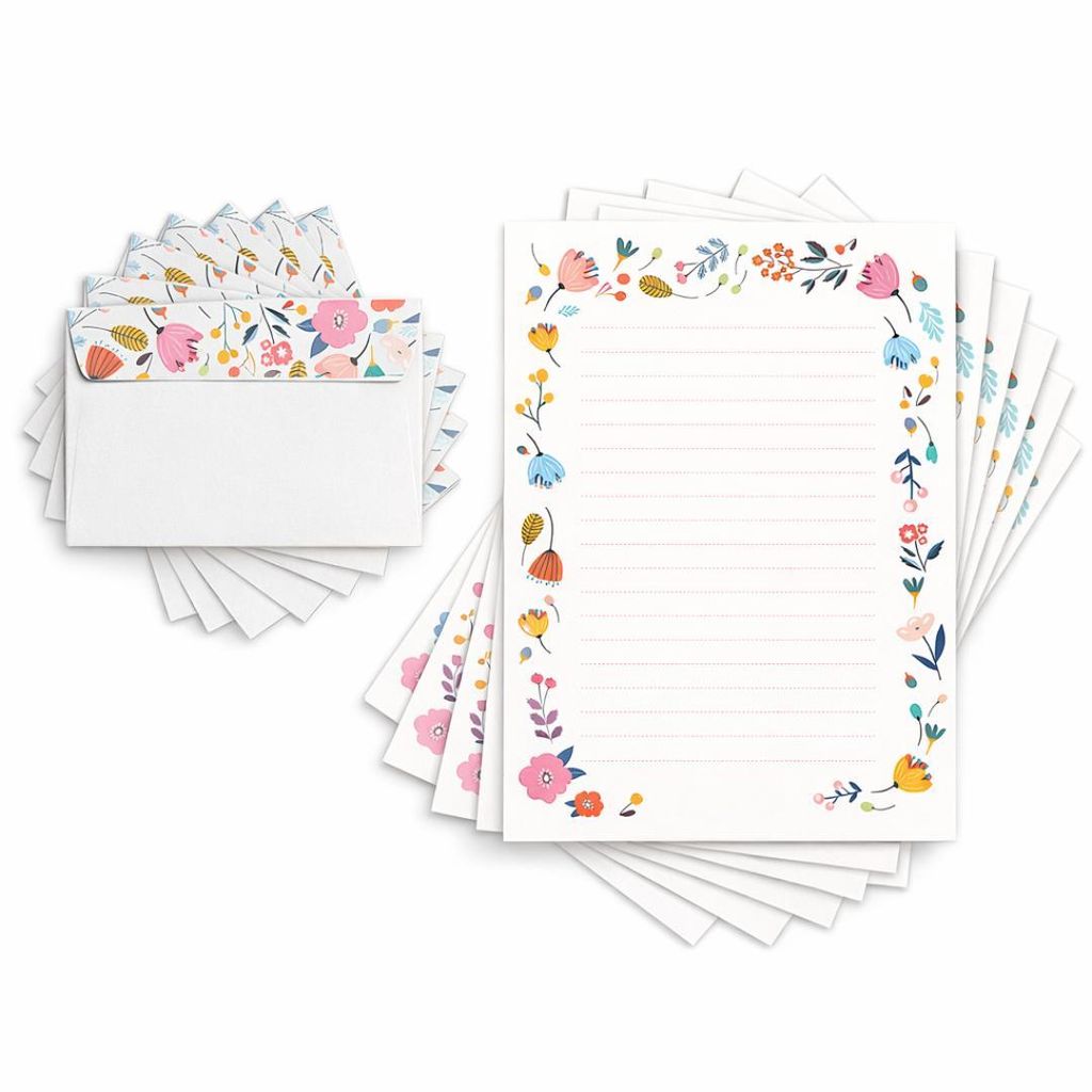 Friendly Fox Briefpapier Set "Blumen", DIN A4 Briefpapier, 20 Blatt inkl. 20 Umschläge, einseitig bedruckt