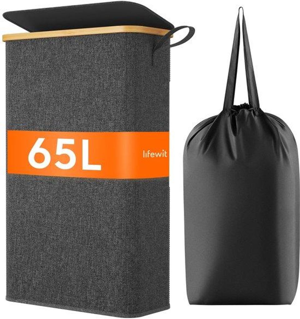 Schlanke 65L Wäschetonne, schwarze Bambuswaschbox mit Tragegriff