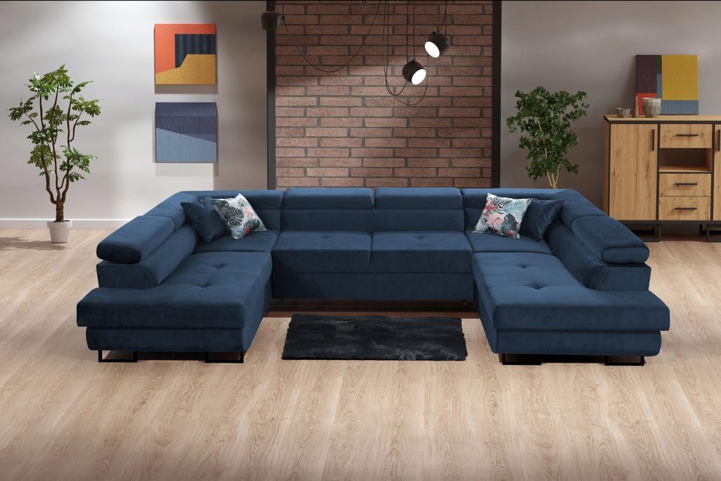 Ecksofa WEST U-Form mit Schlaffunktion und Bettkasten Sofa mit Verstellbare Kopfstützen Stoff Monolith 77 Dunkelblau
