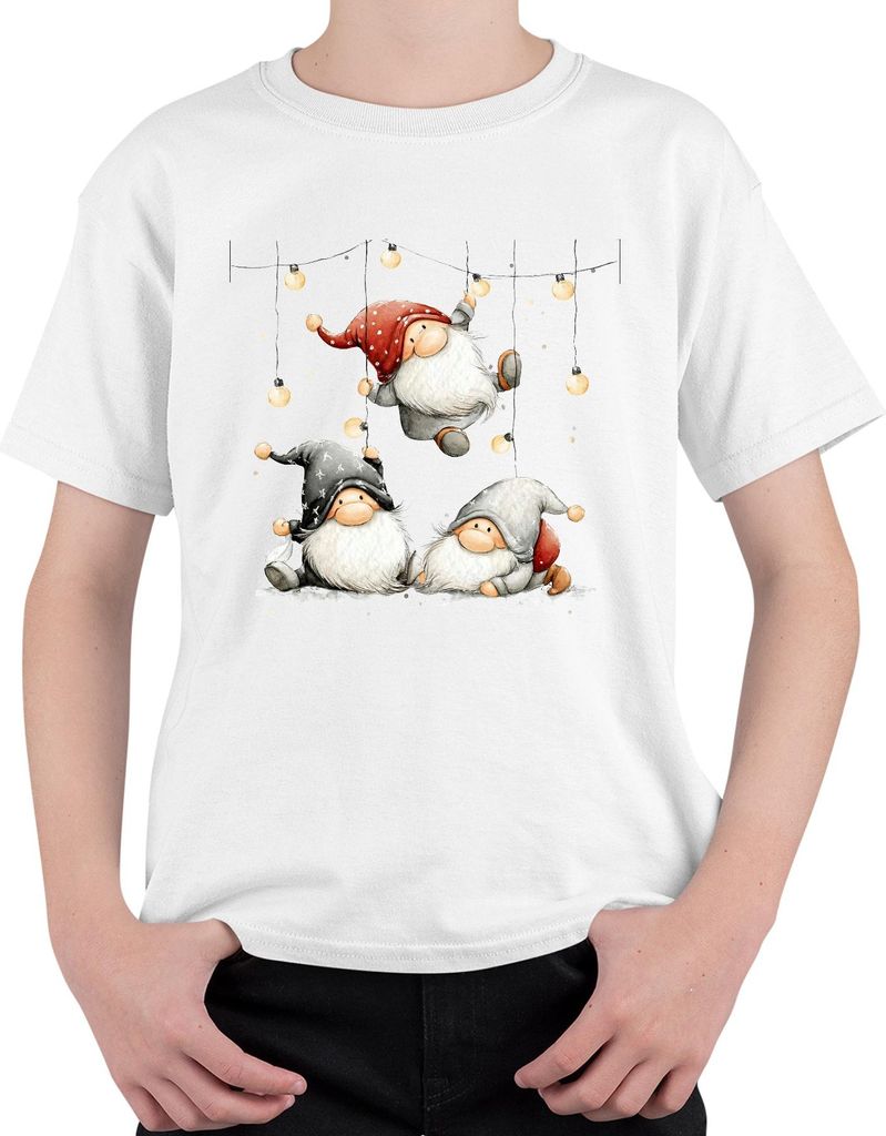 Weihnachtswichtel Lichterkette niedlich skandinavisch Geschenk Uni Kinder T-Shirt, Weiß, 104