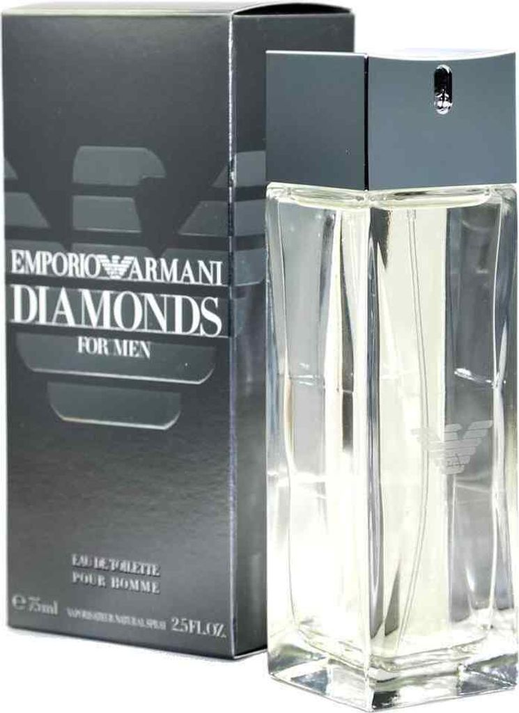 A product shot of Emporio Armani Diamonds for Men Eau de Toilette spray and its packaging.