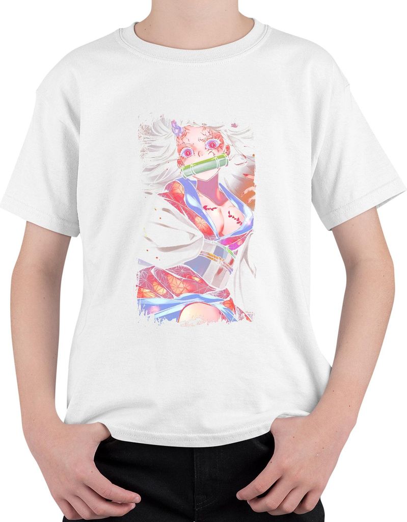 Nezuko Demon Slayer Bambusknebel rosa Augen Geschenk manga kawaii Uni Kinder T-Shirt, Weiß, 116
