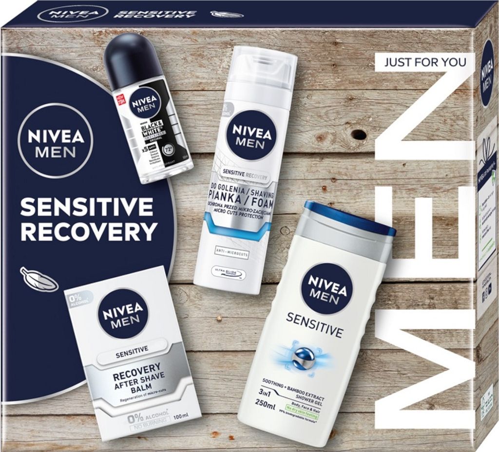 Nivea Men Sensitive Recovery Collection 3-in-1-Duschgel-Set 250 ml + Antitranspirant-Roll-on 50 ml + Aftershave-Balsam 100 ml + Rasierschaum 200 ml
