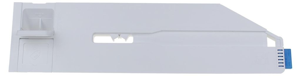 A white washing machine detergent dispenser drawer with blue accents.