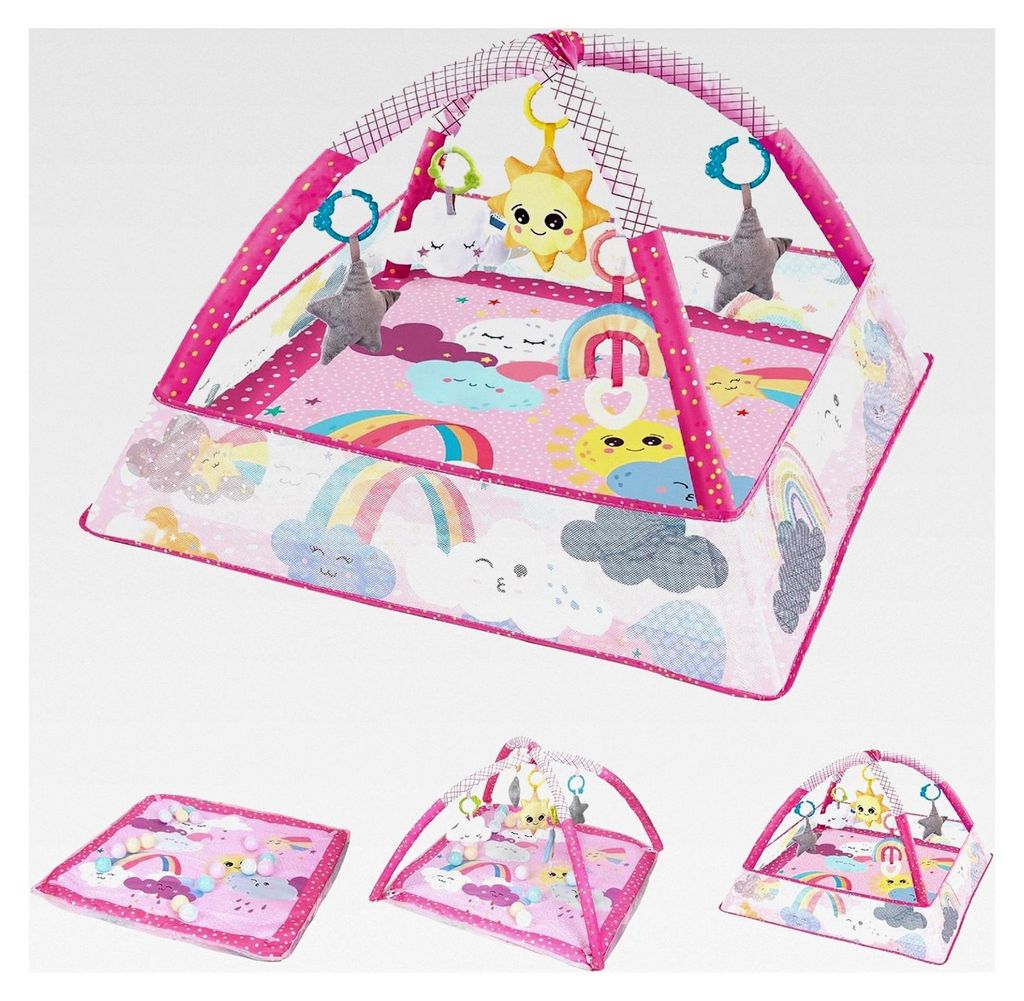 Spieldecke für Babys mit Spielbogen und sensorischen Spielzeugen, Krabbelmatte mit Laufgitterfunktion, ab Geburt (Rosa)