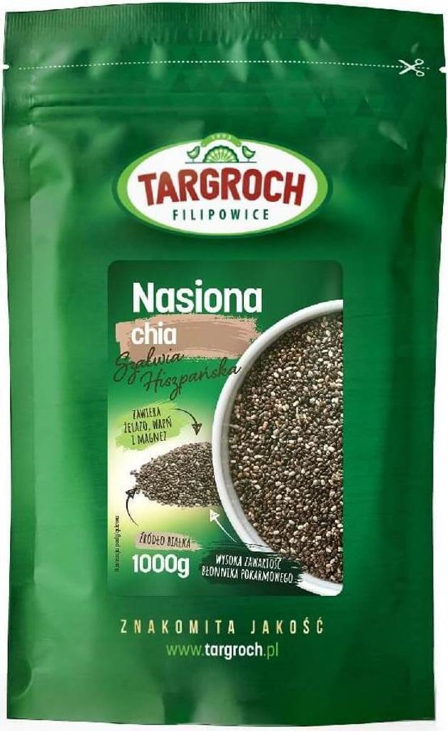 A green resealable bag of chia seeds with product information and branding.