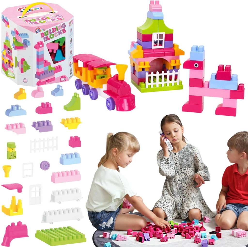 Children playing with building blocks, with the product packaging and assembled toys in the background.