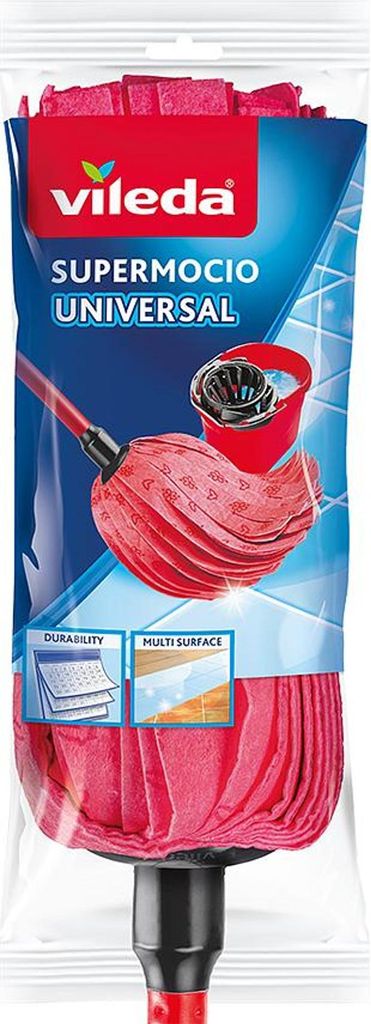 A product package for a Vileda SuperMocio Universal mop, showing the mop and a bucket.