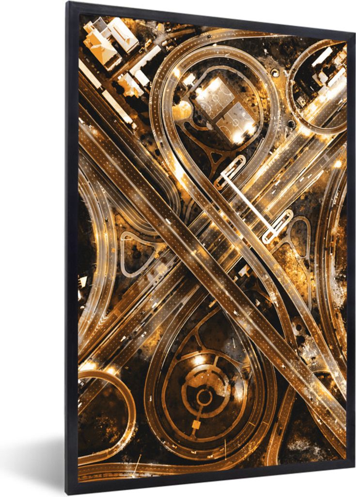 MuchoWow MuchoWow Gerahmtes Poster Gold - Autobahn - Städte 40x60 cm - Poster mit zchwarzem Bilderrahmen - Papierdruck - Wandbilder