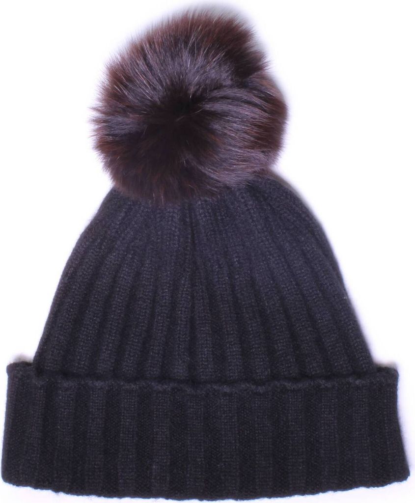 TUMELO 100% Kaschmir Mütze Damen & Herren, edle Cashmere Bommelmütze, Uni, warme Wintermütze - Schwarz