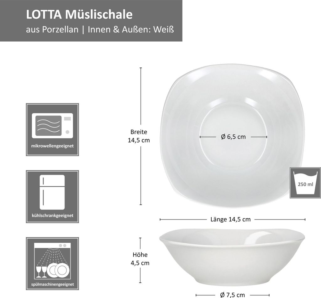 6er Set Lotta Müslischale 250ml weiß Porzellanschüssel Produktbild 6