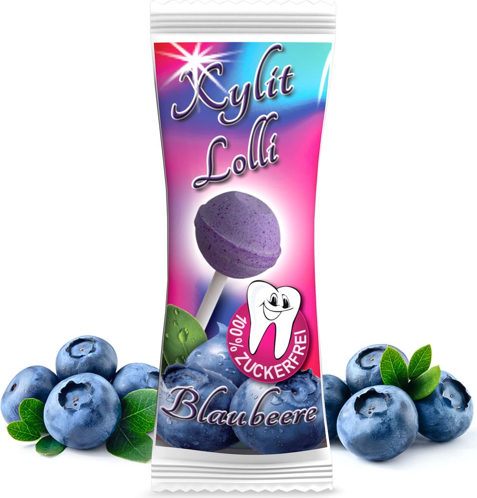 Xylit Birkenzucker Lolli Blaubeere | 50 Stk x 6g | zuckerfreier Dauerlutscher | vegan & kalorienreduziert | Zahnpflege Lollipop