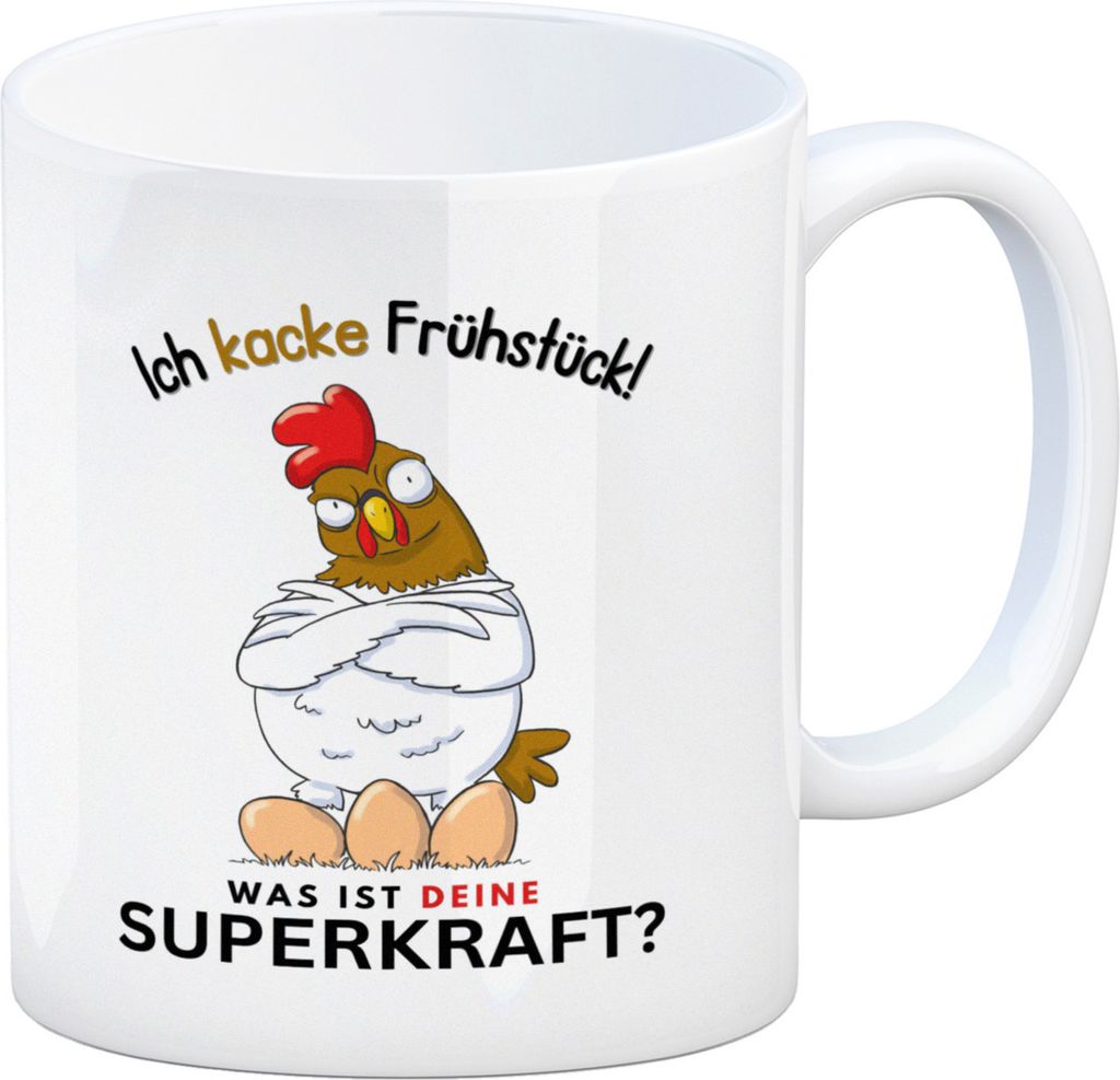 Huhn mit Eiern Kaffeebecher mit Spruch Ich kacke Frühstück Produktbild 