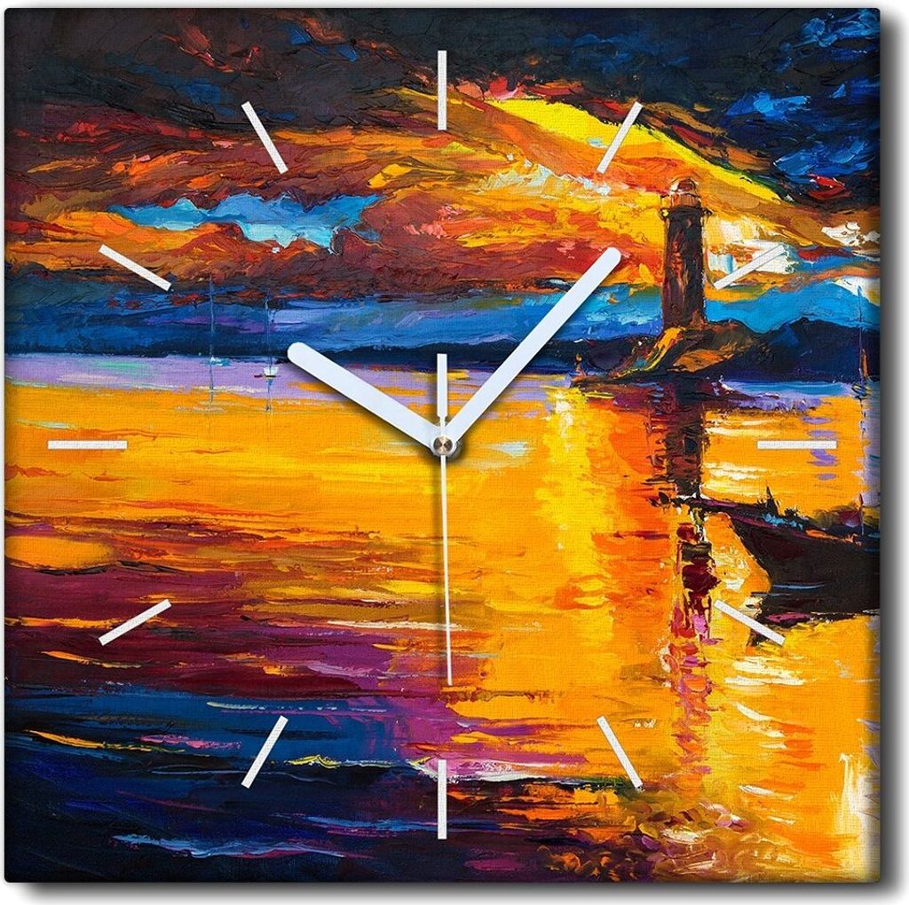 Coloray Uhr auf Leinwand 30x30 cm Wand Uhr Dekoration Wohnzimmer Segeltuch weiße Zeiger -Meeresleuchtturm