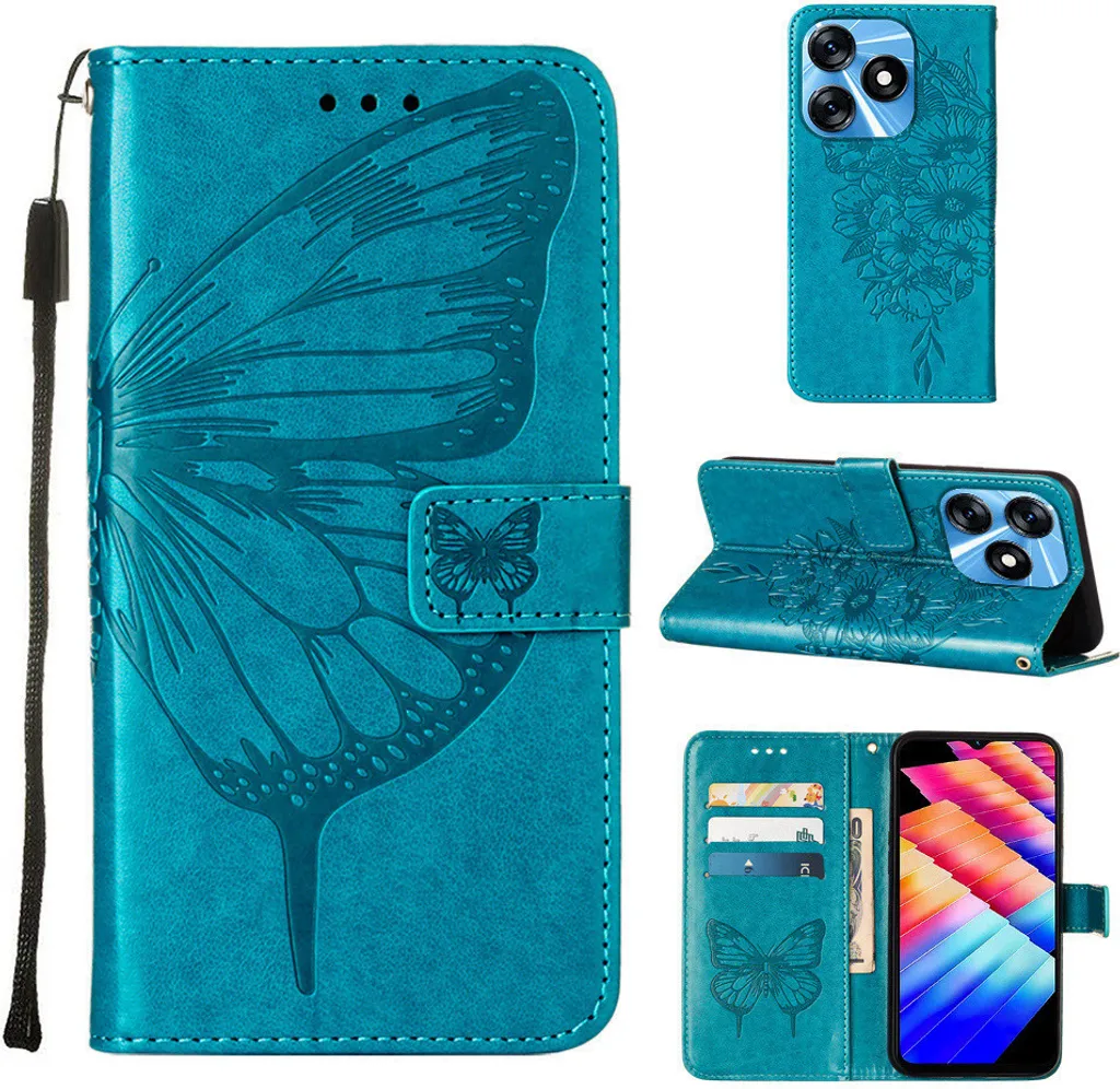 Custodia Artigianale Tecno Spark 10 4G Blu - Pelle con Rilievo Farfalla