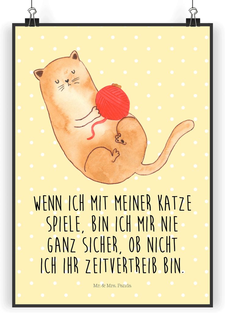 Mr. & Mrs. Panda Bild Katze Wolle DIN A3 - Gelb Pastell - Geschenk, Cats, Haha, Spielen, drucke, Plakat, Kunstdruck, wanddeko, Wandbild