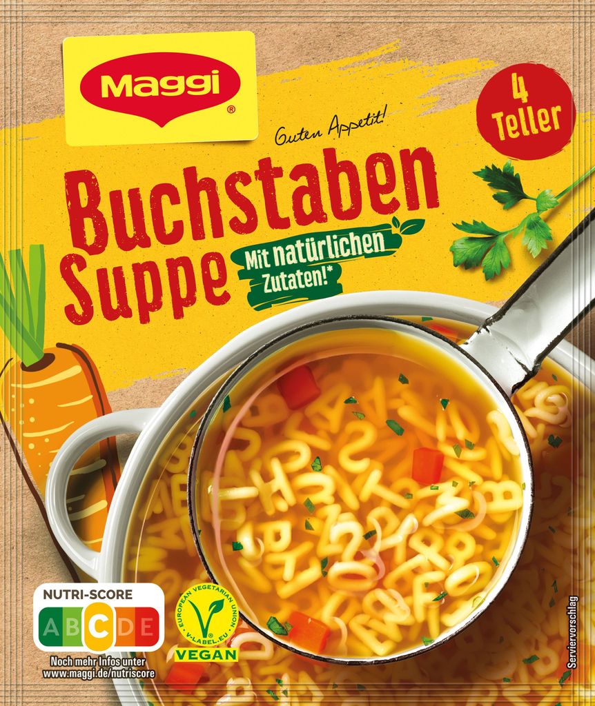 A close-up of a Maggi Buchstabensuppe (alphabet soup) package, showing a bowl of soup with alphabet-shaped pasta and vegetables.