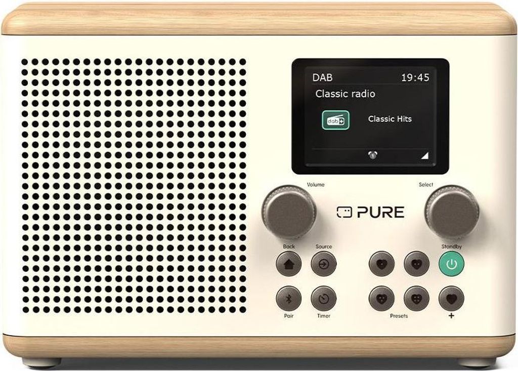 A digital radio with a wooden top and white body, placed on a white background.