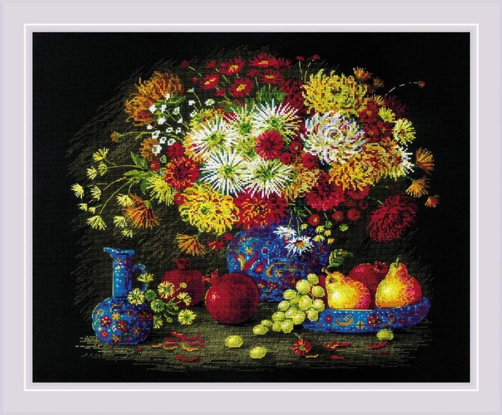 Riolis Kreuzstich Set "Stillleben mit Chrysanthemen", Zählmuster, 50x40cm